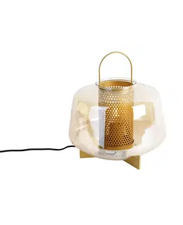 Stolni lampy Stolní lampa Art Deco zlatá s jantarovým sklem 30 cm - Kevin
