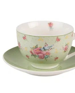 Hrnky a šálky Zelený porcelánovýšálek s podšálkem s květy a ptáčkem Cheerful Birdie - 12*9*6cm/ 200ml Clayre & Eef HBKS