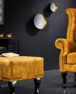 Luxusní a designová křesla a fotely Estila Chesterfield křeslo Cella se sametovým čalouněním v hořčicově žluté barvě s tmavě hnědými masivními nožičkami 105cm