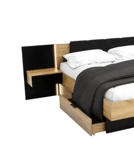 Postele Expedo Manželská postel DOTA + rošt a deska s nočními stolky, 180x200, dub Kraft zlatý/černá