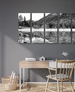 Černobílé obrazy 5-dílný obraz jezero v nádherné přírodě v černobílém provedení