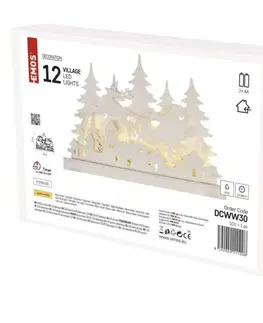 LED osvětlení na baterie EMOS LED dekorace dřevěná – vánoční vesnička, 31 cm, 2x AA, vnitřní, teplá bílá, časovač DCWW30