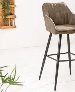 Luxusní barový nábytek Estila Moderní barová židle Vittel z mikrovlákna šedohnědé barvy s černými kovovými nohami 102cm