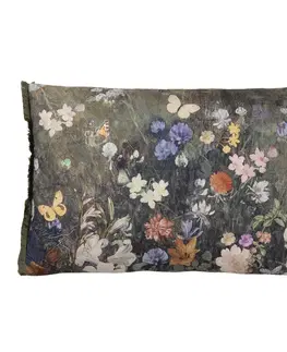 Dekorační polštáře Zelený vintage barevný polštář s květy a motýly  - 60*40 cm Clayre & Eef KG036.012