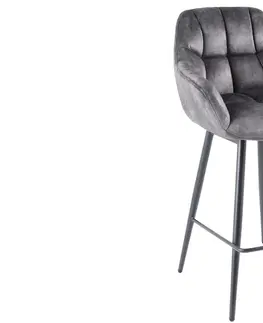 Luxusní barový nábytek Estila Designová industriální otočná barová židle Mariposa s prošívaným sametovým potahem a kovovými nožičkami šedá 106 cm