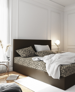 Postele Čalouněná postel CESMIN 140x200 cm, krémová se vzorem/hnědá