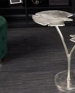 Luxusní a designové příruční stolky Estila Art-deco stříbrný příruční stolek Ginko se dvěma deskami ve tvaru listu kovový 56cm