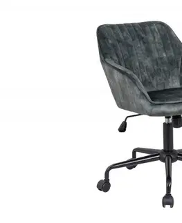 Designové a luxusní židle do pracovny a kanceláře Estila Moderní čalouněná otočná židle Vittel v zeleném sametovém potahu na kolečkách 89cm