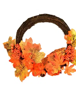 Květiny Podzimní věneček z proutí s listy a dýněmi, 35 cm