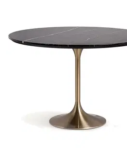 Designové a luxusní jídelní stoly Estila Luxusní art deco kulatý jídelní stůl Rebecca s černou kamennou vrchní deskou a nohou ve zlaté barvě 120 cm