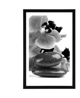 Černobílé Plakát s paspartou SPA kameny a orchidej v černobílém provedení