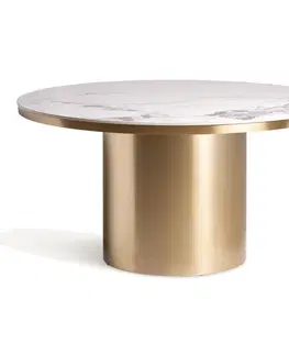 Designové a luxusní jídelní stoly Estila Luxusní art deco kulatý jídelní stůl Dorienne se zlatou nohou a bílou vrchní deskou s mramorovým designem 150 cm