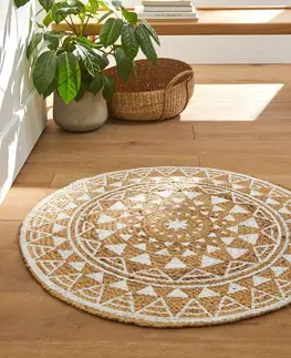 Koberce a koberečky Kulatý jutový koberec s bílým potiskem