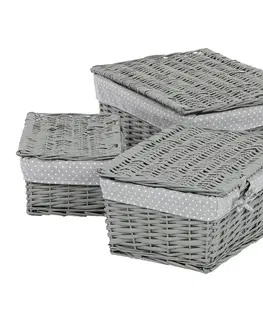 Úložné boxy Sada proutěných košů s víkem Šedý puntík, 3 ks, 3 velikosti, 49 x 22 x 35 cm