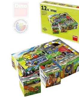 Dřevěné hračky Kostky kubus Mašinka dřevo 12ks v krabičce 16x12x4cm
