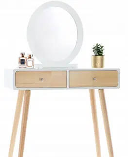 Toaletní stolky Bílý dřevěný toaletní stolek se zrcadlem a taburetem