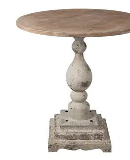 Konferenční stolky Bílo hnědý dřevěný odkládací stolek s vyřezávanou nohou - Ø 80*82 cm Clayre & Eef 50506