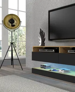 Televizní stolky Televizní stolek DUO 160 cm závěsný s panelem dub artisan/černy