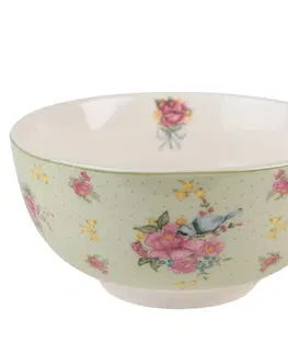 Mísy a misky Zelená porcelánová miska s květy a ptáčkem Cheerful Birdie - Ø 14*7 cm/ 500ml Clayre & Eef HBBO