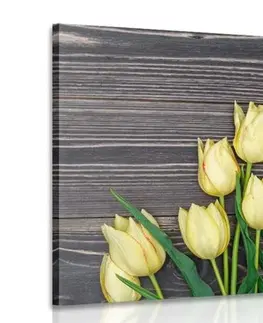 Obrazy květů Obraz očarující žluté tulipány na dřevěném podkladě