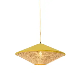 Zavesna svitidla Venkovská závěsná lampa žlutý samet s rákosem 60 cm - kudrlinky Frills
