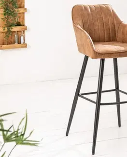 Luxusní barový nábytek Estila Moderní barová židle Vittel z mikrovlákna hnědé barvy s černými kovovými nohami 102cm