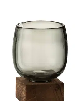 Svícny Skleněný svícen / váza na dřevěném podnosu - 10*10*14 cm J-Line by Jolipa 3734