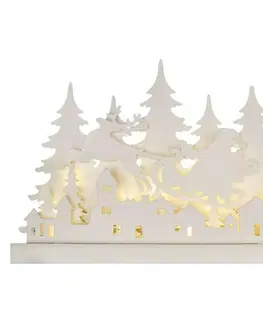 LED osvětlení na baterie EMOS LED dekorace dřevěná – vánoční vesnička, 31 cm, 2x AA, vnitřní, teplá bílá, časovač DCWW30