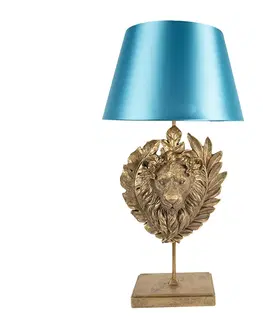 Lampy Zlatá stolní lampa s lvicí a s modrým stínidlem - Ø 35*66 cm E27/max 1*60W Clayre & Eef 6LMC0063