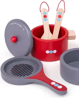 Dětské kuchyňky Bigjigs Toys Dřevěný set nádobí POLKA DOTS červeno-šedý