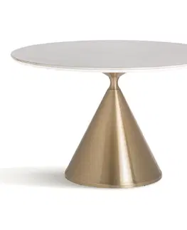 Designové a luxusní jídelní stoly Estila Luxusní art deco bílý kulatý jídelní stůl Cronos s kamennou vrchní deskou a zlatou nohou 120 cm