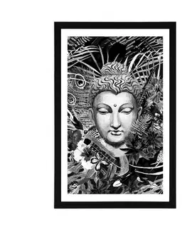 Černobílé Plakát s paspartou Buddha na exotickém pozadí v černobílém provedení