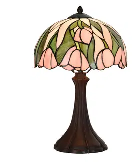 Svítidla Zeleno-růžová stolní Tiffany lampa s tulipány Tulipé - Ø 27*40 cm E14/max 1*40W Clayre & Eef 5LL-6307