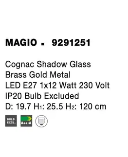 Designová závěsná svítidla NOVA LUCE závěsné svítidlo MAGIO sklo barvy koňak mosazný zlatý kov E27 1x12W 230V IP20 bez žárovky 9291251