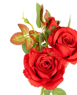 Květiny Umělý svazek Růže se dvěma květy a poupětem, červená, 71 cm
