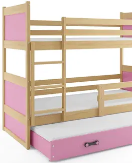 Postele BMS Dětská patrová postel s přistýlkou RICO 3 | borovice 80 x 160 cm Barva: Růžová