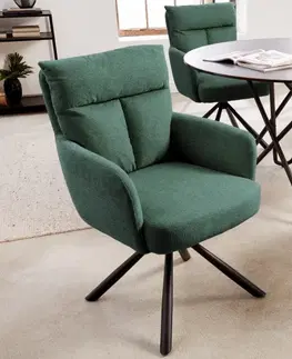 Designové a luxusní křesla do pracovny a kanceláře Estila Designová retro otoční židle Dover v tmavě zeleném provedení s područkami a černými kovovými nohami 92cm