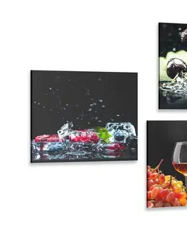 Sestavy obrazů Set obrazů víno a kousky ovoce na černém pozadí