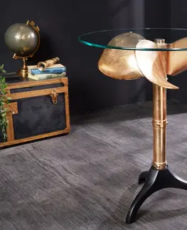 Luxusní a designové příruční stolky Estila Koloniální příruční stolek Helice se skleněnou vrchní deskou a nohou s designem lodního šroubu ve zlaté barvě 73 cm