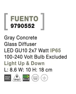 Moderní venkovní nástěnná svítidla NOVA LUCE venkovní nástěnné svítidlo FUENTO šedý beton skleněný difuzor GU10 2x7W IP65 100-240V bez žárovky světlo nahoru a dolů 9790552