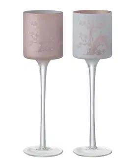 Svícny 2ks růžový a modrý skleněný svícen na úzké noze na čajovou svíčku Sakura - Ø 7*25 cm J-Line by Jolipa 21812