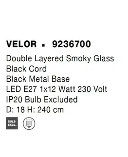 Industriální závěsná svítidla NOVA LUCE závěsné svítidlo VELOR dvouvrstvé kouřové sklo černý kabel černá kovová základna E27 1x12W 230V IP20 bez žárovky 9236700