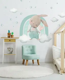 Samolepky na zeď Samolepka na zeď pro děti - Zajíček s duhou v mentolové barvě