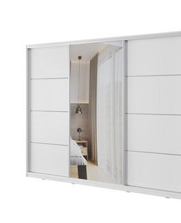 Šatní skříně Šatní skříň NEJBY BARNABA 250 cm s posuvnými dveřmi, zrcadlem, 4 šuplíky a 2 šatními tyčemi, bílá