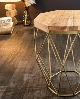 Designové a luxusní konferenční stolky Estila Designový konferenční stolek Solid Diamond z masivu v moderním stylu s kovovou podstavou ve zlaté barvě hnědý 50cm