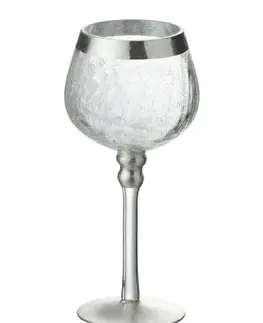 Svícny Menší skleněný  transparentní svícen na nožičce na čajovou svíčku  se stříbrným zdobením  - Ø 9*20 cm J-Line by Jolipa 65146