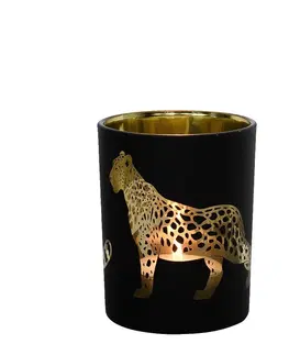 Svícny Černo zlatý skleněný svícen s jaguárem M - 8*8*10cm Mars & More XMWLJZM