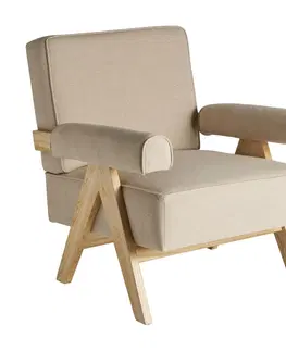 Luxusní a designová křesla a fotely Estila Moderní skandinávské křeslo Siria s dřevěnou konstrukcí hnědé barvy a béžovým potahem 83cm