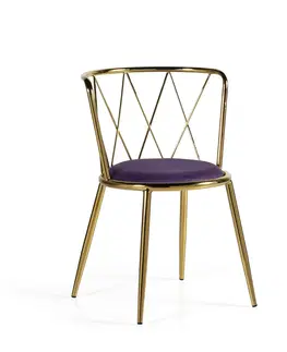 Luxusní jídelní židle Estila Art-deco kulatá židle Brilia se zlatou konstrukcí a fialovým čalouněním 75cm