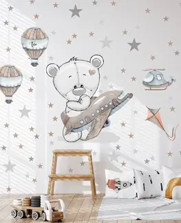 Samolepky na zeď Samolepka pro kluky do chlapeckého pokoje - Medvídek s letadlem